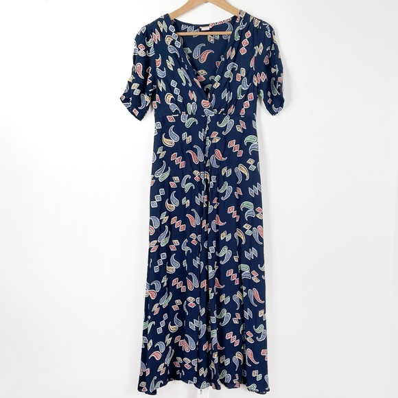 Nathalie Seavers Stanwyck Paisley Dress Navy Maxi Short Sleeve - Picture 2 of 7